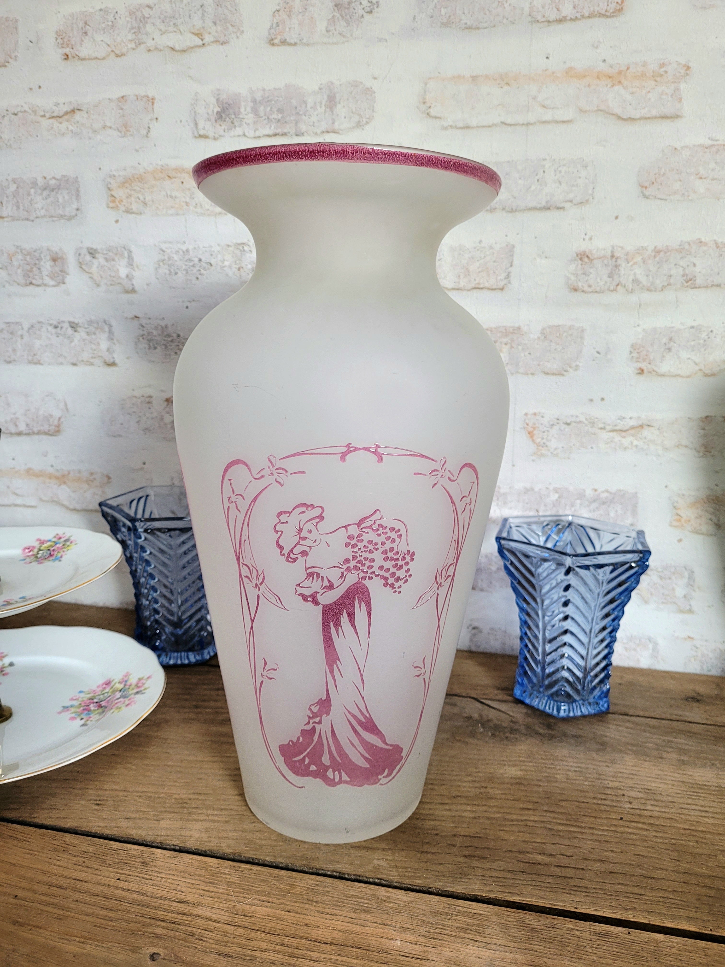 Grand vase Art Nouveau verre dépoli émaillé 🌸