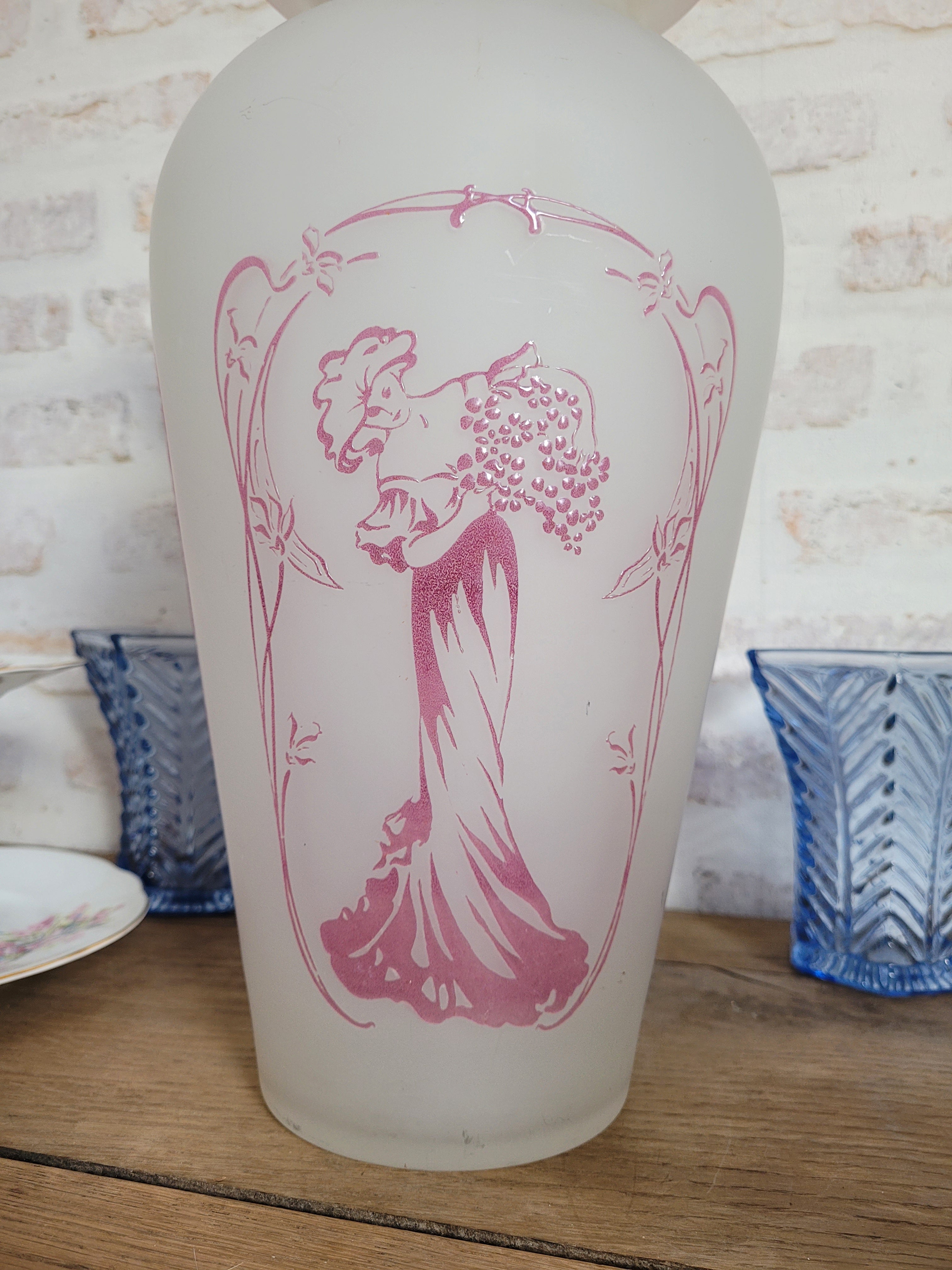 Grand vase Art Nouveau verre dépoli émaillé 🌸
