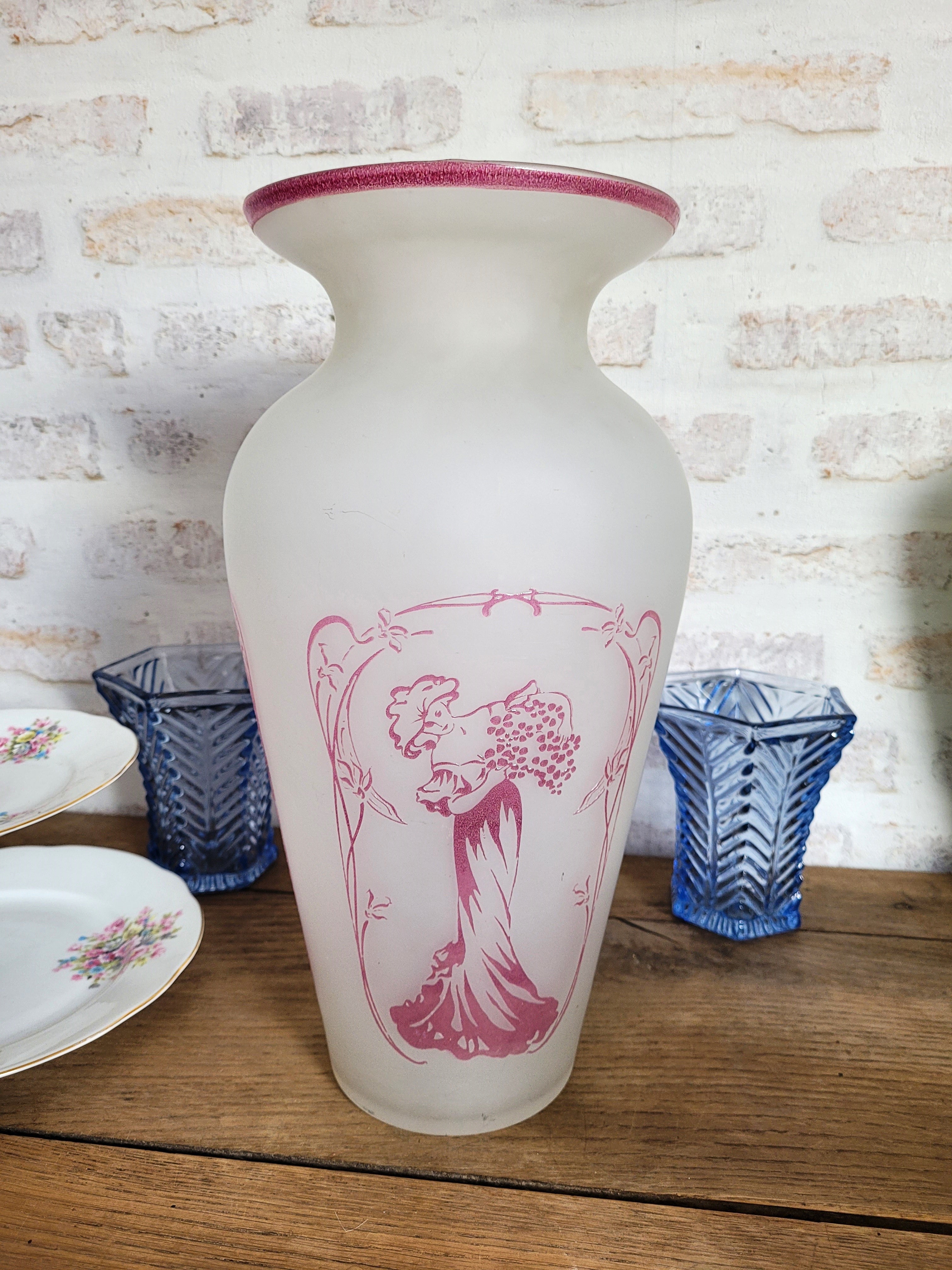 Grand vase Art Nouveau verre dépoli émaillé 🌸