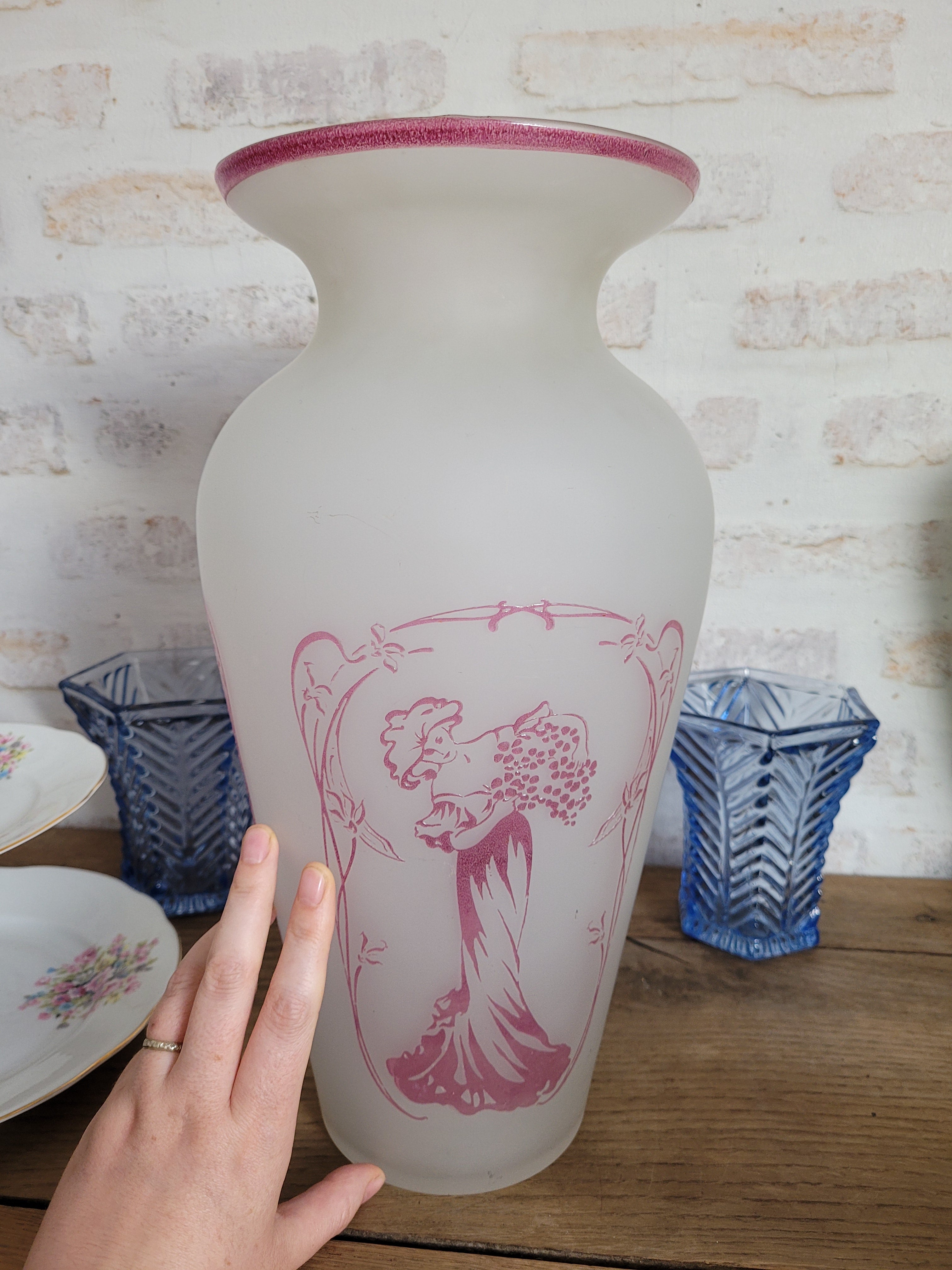 Grand vase Art Nouveau verre dépoli émaillé 🌸