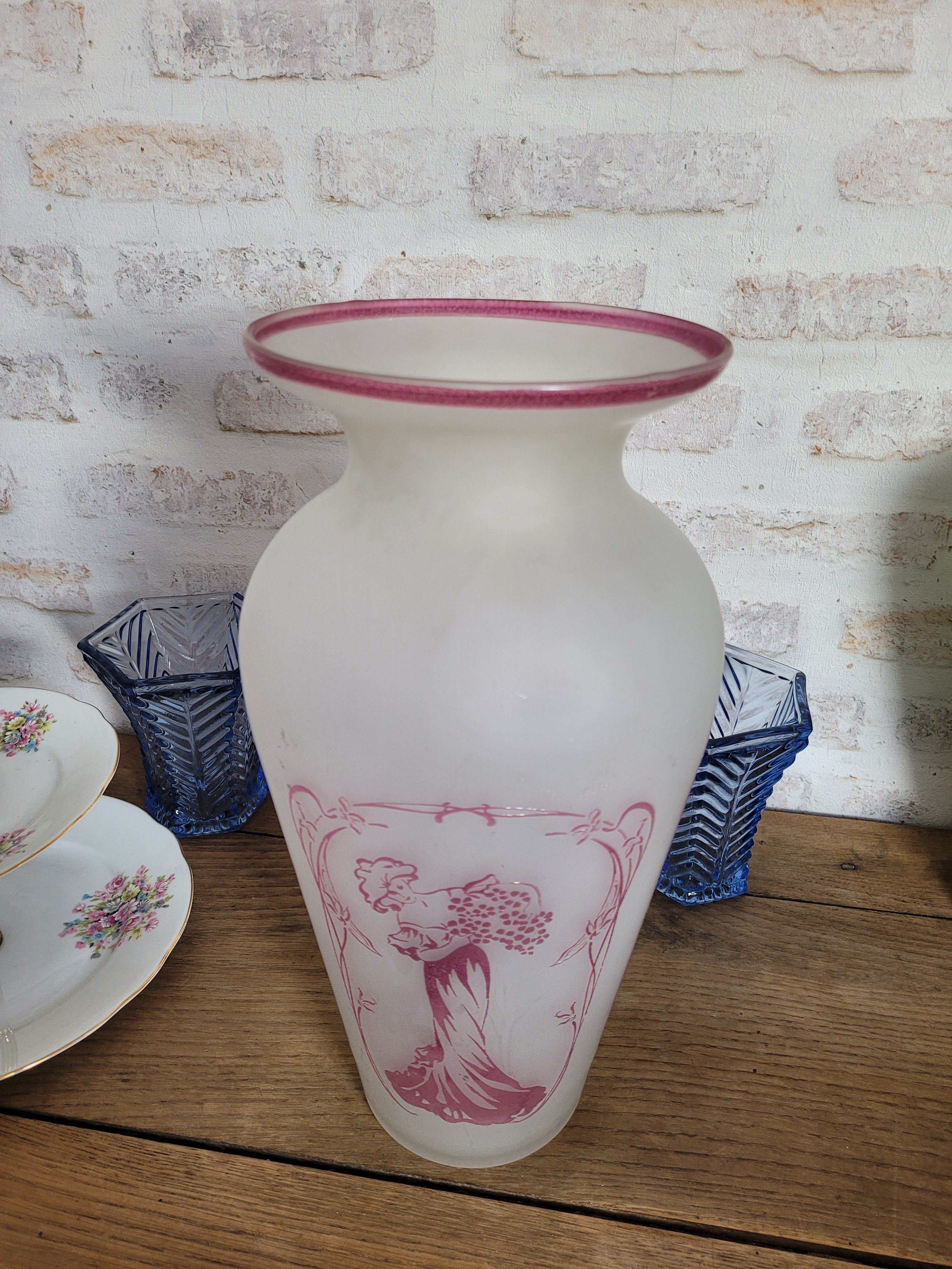 Grand vase Art Nouveau verre dépoli émaillé 🌸